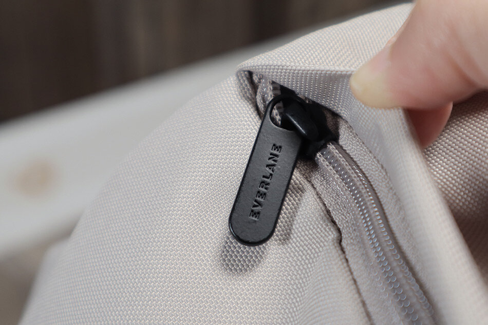 Everlane ReNew Transit backpack recycled polyester fabric and metal zipper pulls