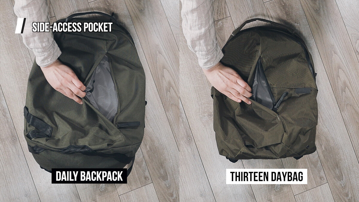 Able Carry Thirteen Backpack vs Daily Backpack - front pocket