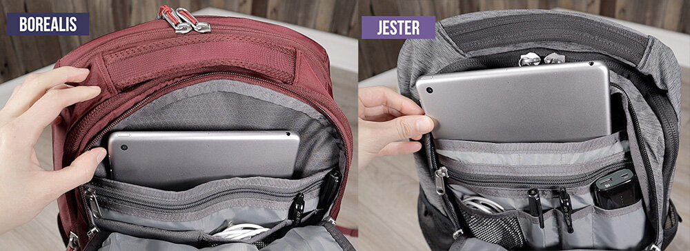 The North Face Jester vs Borealis tablet storage. The Jester cannot accommodate a full size iPad.
