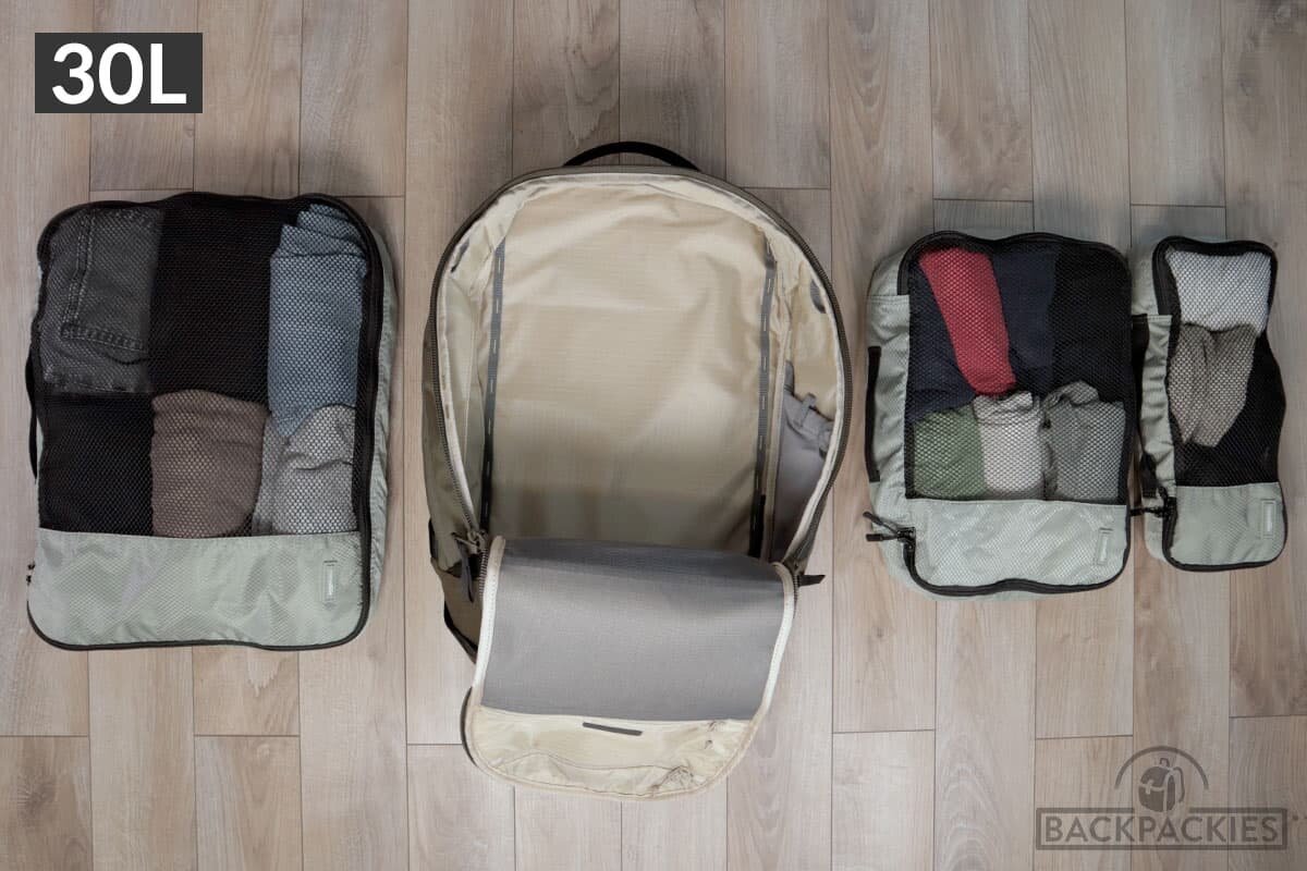 What fits inside a 30L backpack for travel?