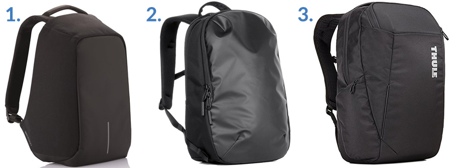 1. XD Design Bobby Anti-Theft Backpack (Amazon)2. Aer Day Pack 2 (Gallantry)3. Thule Accent Backpack (Amazon)