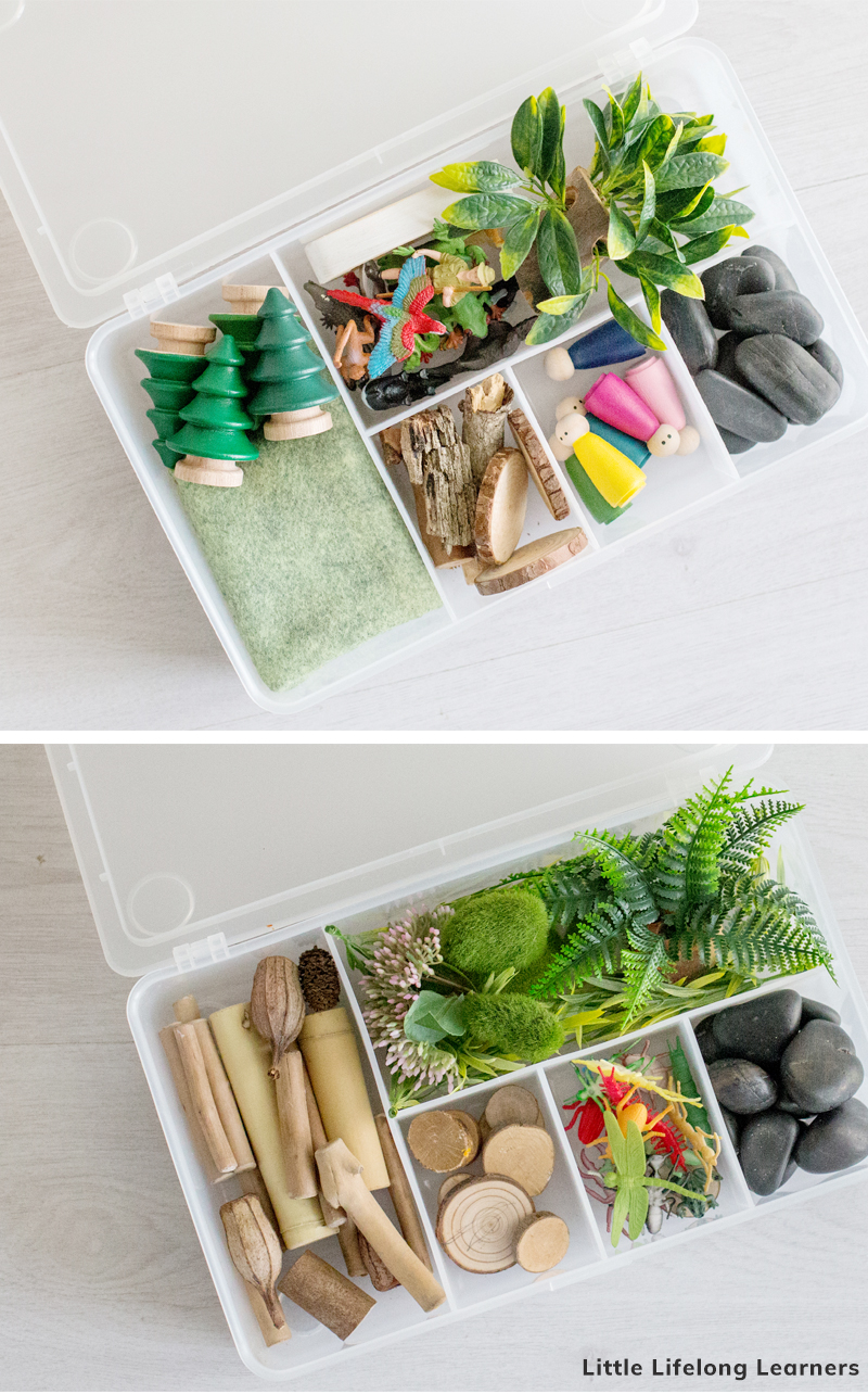 Portable small world tubs for busy boxes! Read about using busy bags for travel with kids. Featuring ideas for preschoolers, toddlers and 2 year olds, you're sure to find ideas for your next trip, airplane trip, road trip, camping or even wedding!