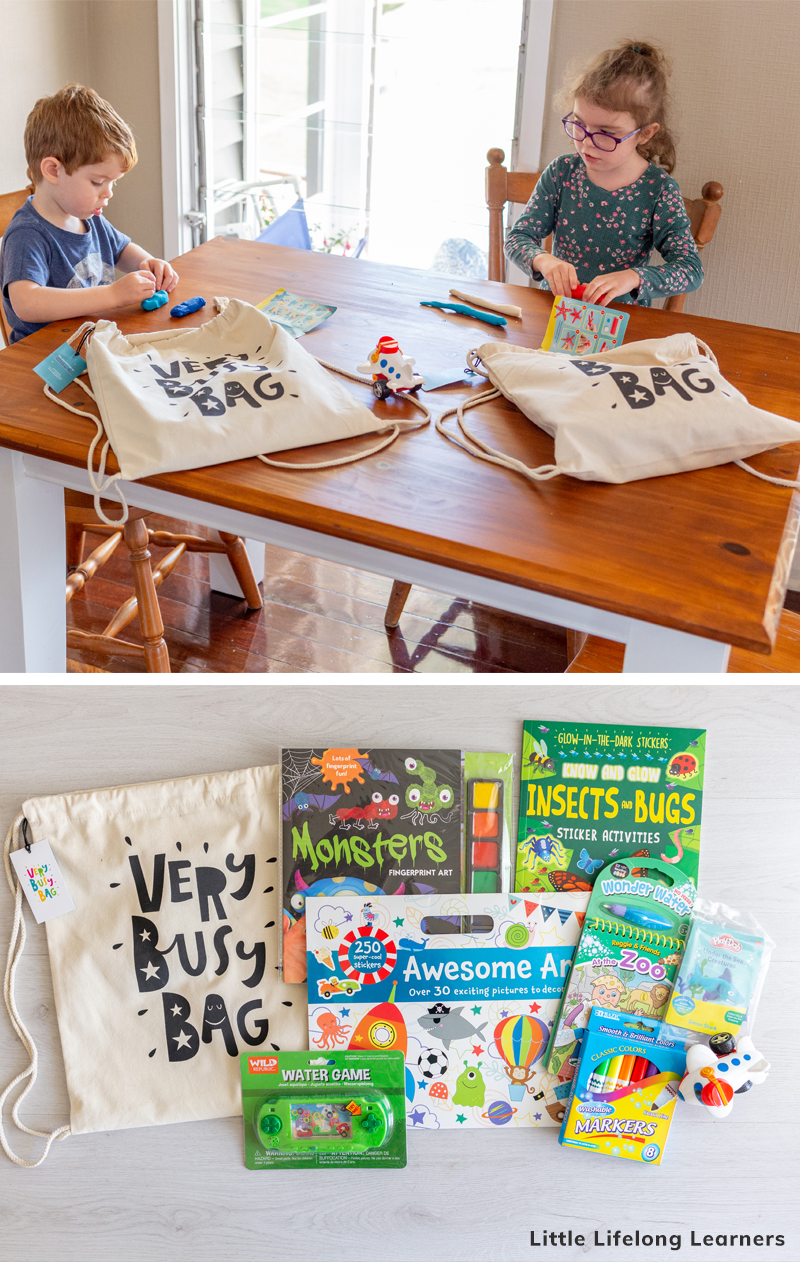 Read about using busy bags for travel with kids. Featuring ideas for preschoolers, toddlers and 2 year olds, you're sure to find ideas for your next trip, airplane trip, road trip, camping or even wedding!