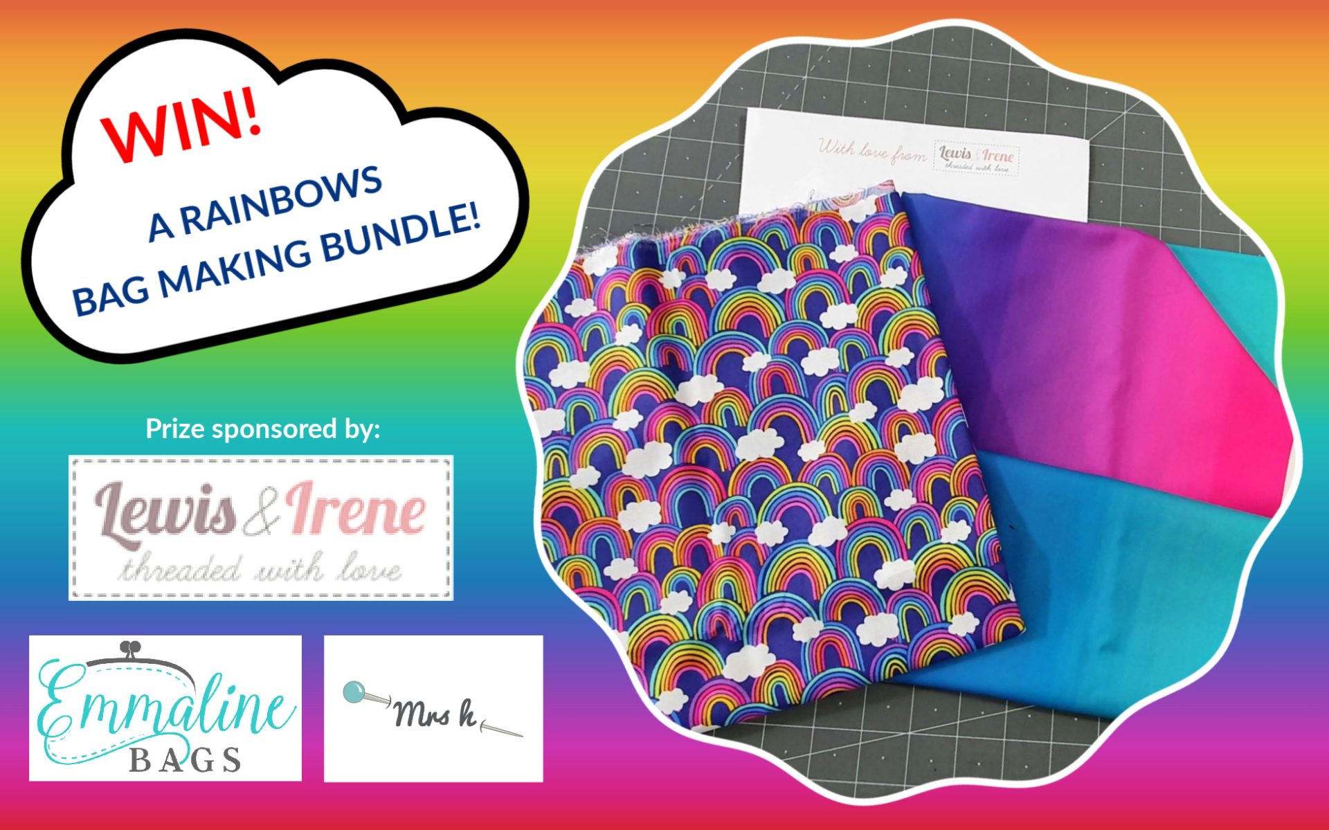 Win Rainbows fabric from Lewis & Irene, patterns from Junyuan 
, and hardware from Emmaline Bags