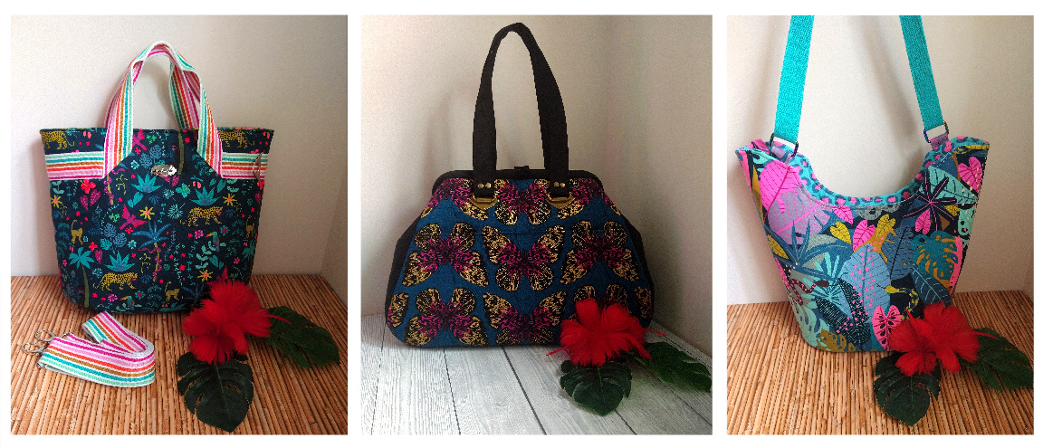 The Fiesta Tote, The Companion Carpet Bag, and The Bucket Tote from Sewing Patterns by Junyuan 

