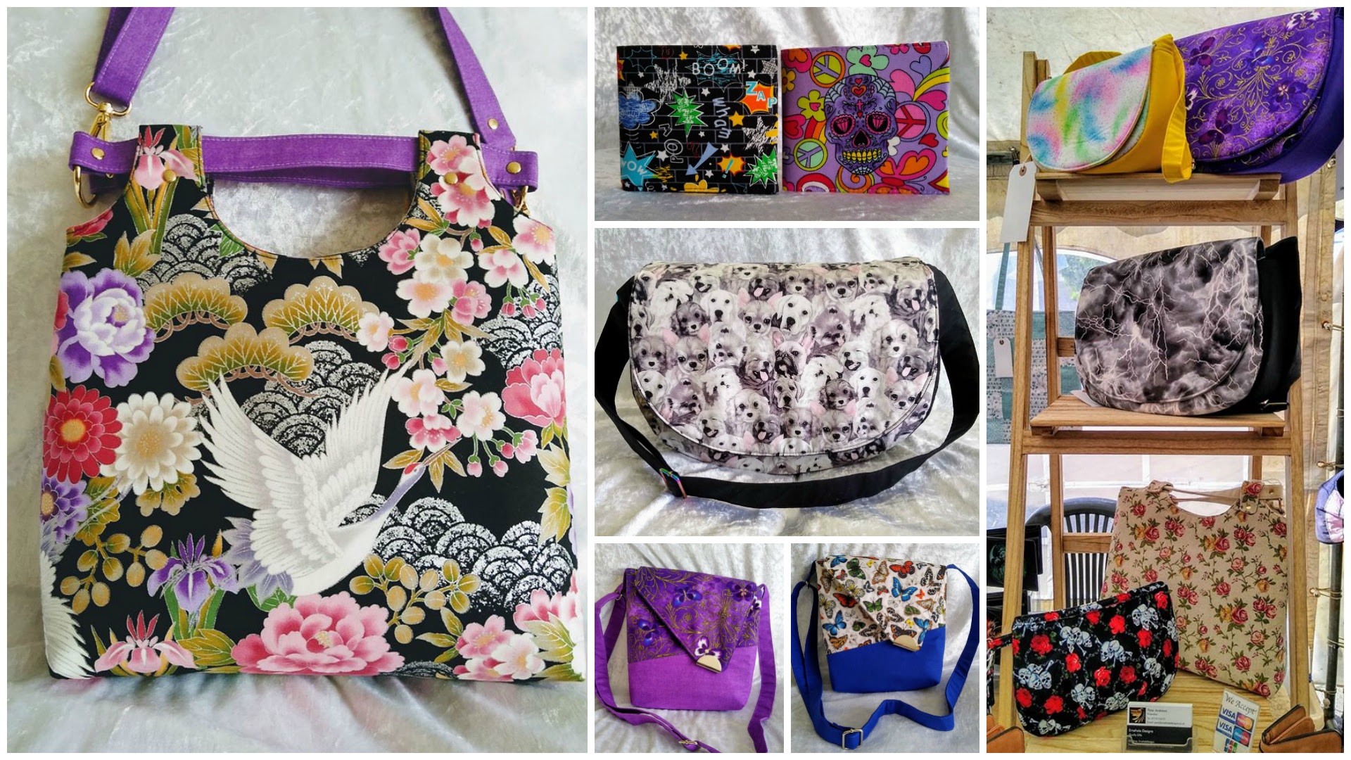 A collage of bags made by Peter Andrews of Ernehale Designs