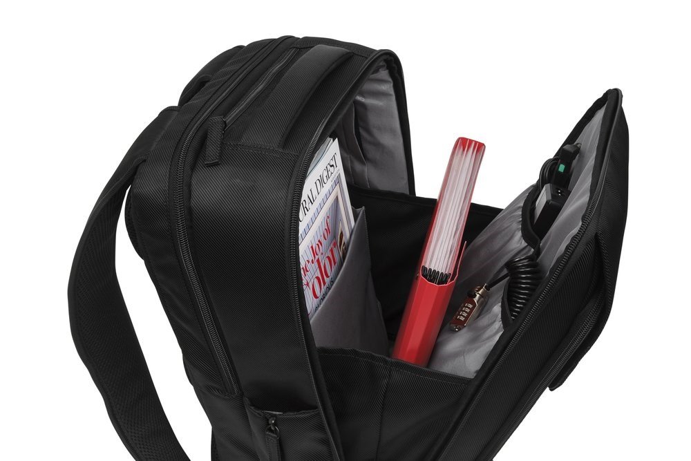 A Junyuan LS150 Laptop Backpack with a folder and book inside