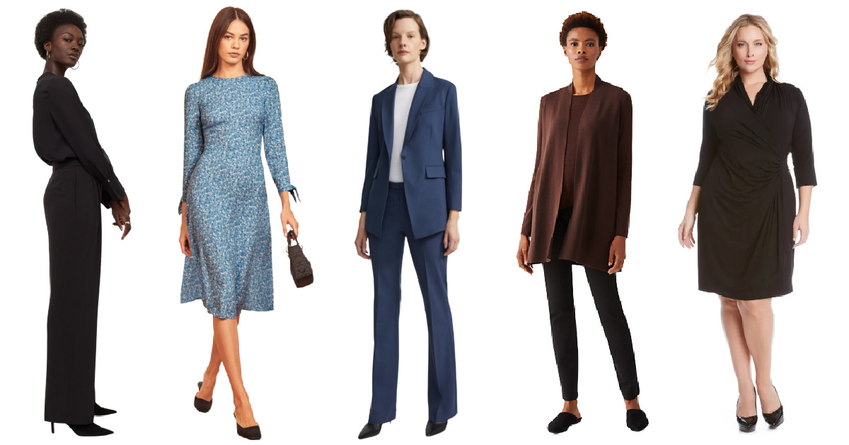 collage of five outfits from eco-friendly workwear brands