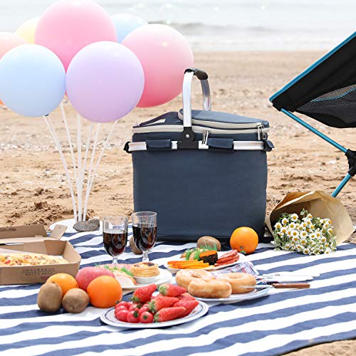 HappyPicnic 18L Picnic Basket for 2 with Waterproof Blanket and Full Cutlery Set Large Size Cooler Portable Collapsible Insulated Cooler Bag with Aluminium Handle Blue