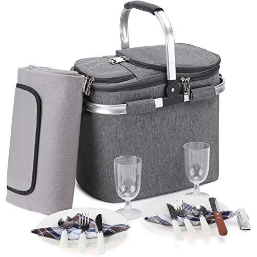 Large Insulated Picnic Basket Set, 20L Leakproof Collapsible Portable Cooler Bag with Aluminium Handle for Travel, Shopping, Camping, Attach with Waterproof Blanket and 2 Person Cutlery Set Grey…