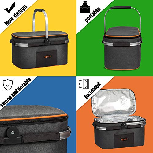 ALLCAMP Insulated Picnic Basket 22L Portable Cooler Bag for Travel, Shopping, Camping, (Black+Orange)