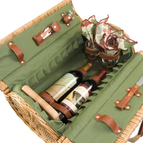 Picnic Time Verona Insulated Wine Basket with Wine/Cheese Service for Two, Pine Green