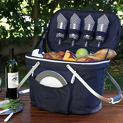 Picnic at Ascot Patented Collapsible Insulated Picnic Basket Equipped with Service For 4- Designed and Assembled in USA