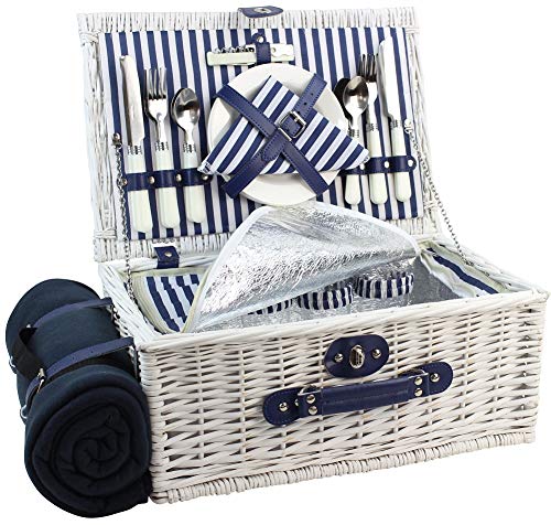 Picnic Basket Willow for 4 Persons, Large Wicker Hamper Set with Big Insulated Cooler Compartment, Free Fleece Blanket with Waterproof Backing and Cutlery Service Kit- Fashionable White Washed Color