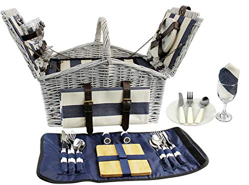 HappyPicnic 'Huntsman' Willow Picnic Hamper for 4 Persons with 'Built-in' Insulated Cooler, Wicker Picnic Basket with Canvas Stripe Lining, Willow Picnic Set, Picnic Gift Basket (Navy Stripe)