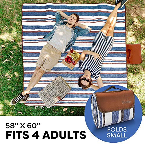 Extra Large Picnic & Outdoor Blanket Dual Layers for Outdoor Water-Resistant Handy Mat Tote Spring Summer Blue and White Striped Great for The Beach, Camping on Grass Waterproof Sandproof (60 X 58)