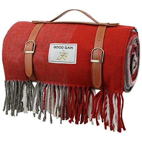 Good Gain Waterproof Picnic Blanket, 60X80inch Extra Large Foldable Beach Rug with Luxury PU Leather Carrier, Portable Sandproof Picnic Mat for Hiking Camping.Red Square