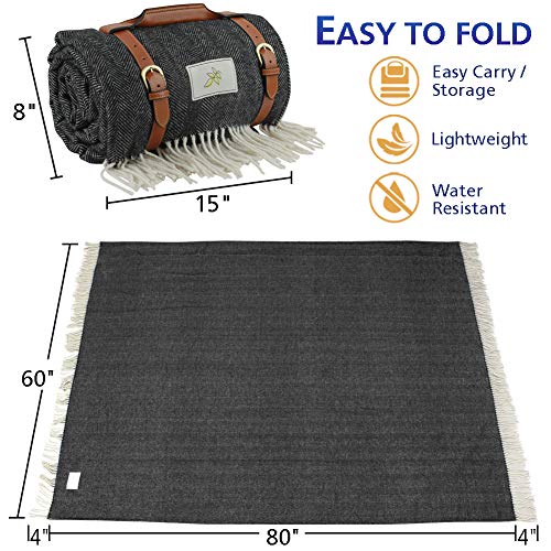 Good Gain Picnic Blanket,Large Picnic Handy Mat with Waterproof Backing, Beach Picnic Rug Foldable with PU Handle Portable for Hiking Camping in Summer Spring or as Festival Gift.Black Stripe