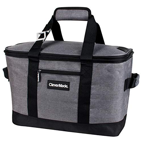 CleverMade Collapsible Cooler Bag: Insulated Leakproof 50 Can Soft Sided Portable Cooler Bag for Lunch, Grocery Shopping, Camping and Road Trips, Heather Grey/Black
