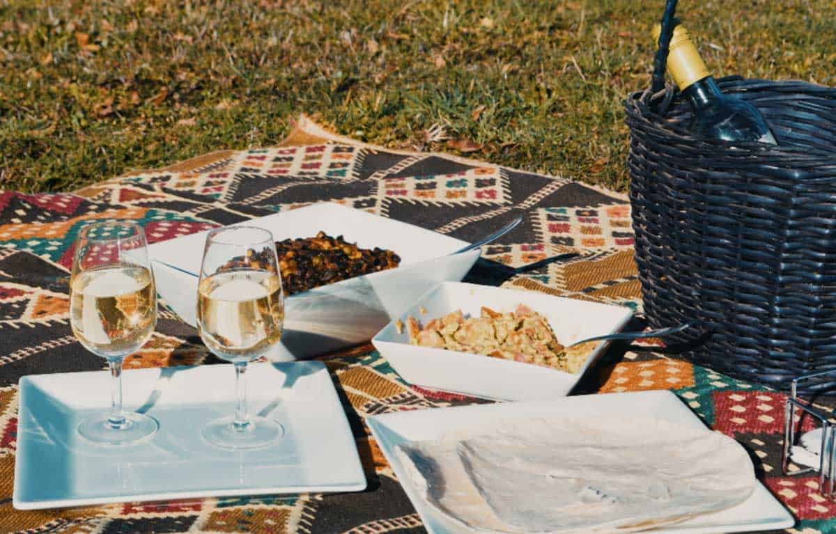 Picnic scene with blanket with picnic basket, wine and salad bowls. 