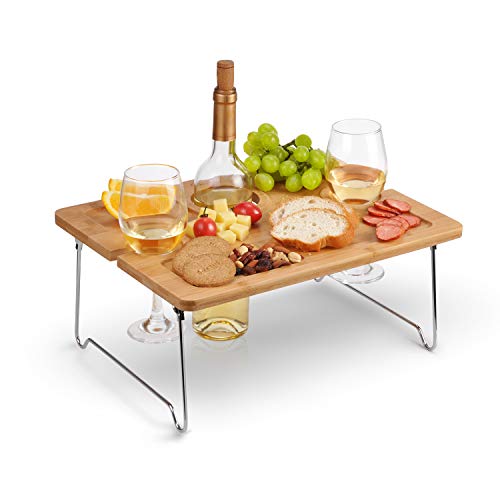 Tirrinia Outdoor Wine Picnic Table, Folding Portable Bamboo Wine Glasses & Bottle, Snack and Cheese Holder Tray for Concerts at Park, Beach, Ideal Wine Lover Gift
