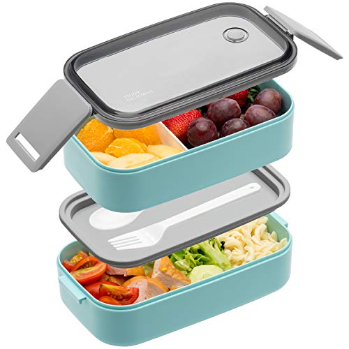 Bento Box For Adults Kids - 1600ML All-in-One Stackable Premium Japanese Bento Lunch Box Container With Utensil, Durable Leak-proof Eco-Friendly, Micro-Wave Dishwasher Freezer Safe (Blue)
