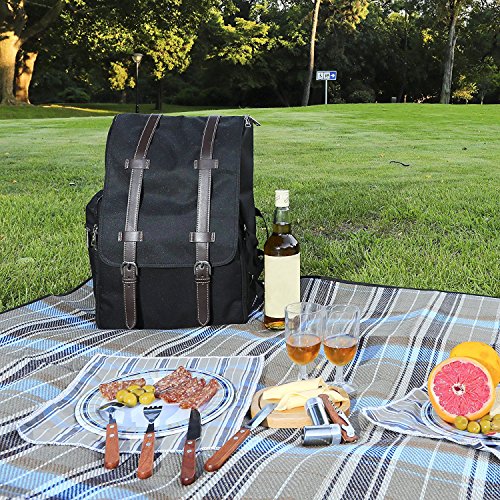 Picnic Backpack for 4 | Picnic Basket | Stylish All-in-One Portable Picnic Bag with Complete Cutlery Set, Stainless Steel S/P Shakers | Picnic Blanket Waterproof Extra Large| Cooler Bag for Camping