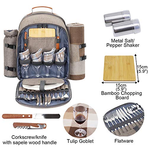 Sunflora Picnic Backpack for 4 Person Set Pack with Insulated Waterproof Pouch for Family Outdoor Camping (Brush Beige)