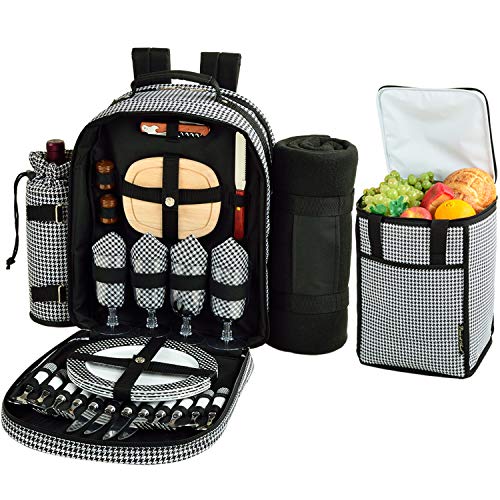 Picnic at Ascot Original Equipped Backpack for 4 with Blanket - Extra Bonus Cooler - Designed & Assembled in California - Houndstooth