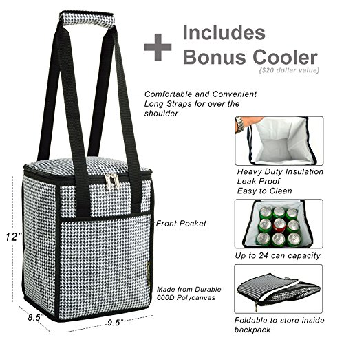 Picnic at Ascot Original Equipped Backpack for 4 with Blanket - Extra Bonus Cooler - Designed & Assembled in California - Houndstooth
