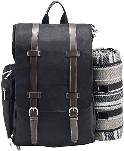 Picnic Backpack for 4 | Picnic Basket | Stylish All-in-One Portable Picnic Bag with Complete Cutlery Set, Stainless Steel S/P Shakers | Picnic Blanket Waterproof Extra Large| Cooler Bag for Camping