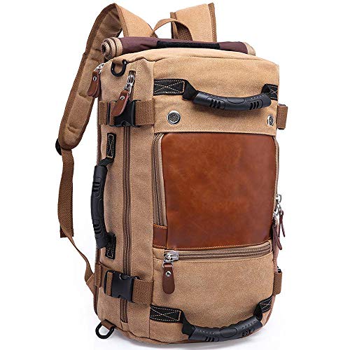 KAKA Travel Backpack ,Canvas Duffel Bag for Traveling,Leather Vintage Travel Bags for Men,Carry on Weekender 15.6" Laptop backpacks Bag ,khaki
