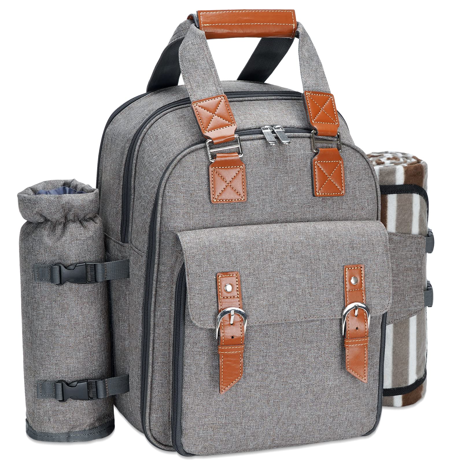 Plush Picnic - 2 Person Picnic Backpack / Picnic Basket with Cooler Compartment, Detachable Bottle/Wine Holder, Fleece