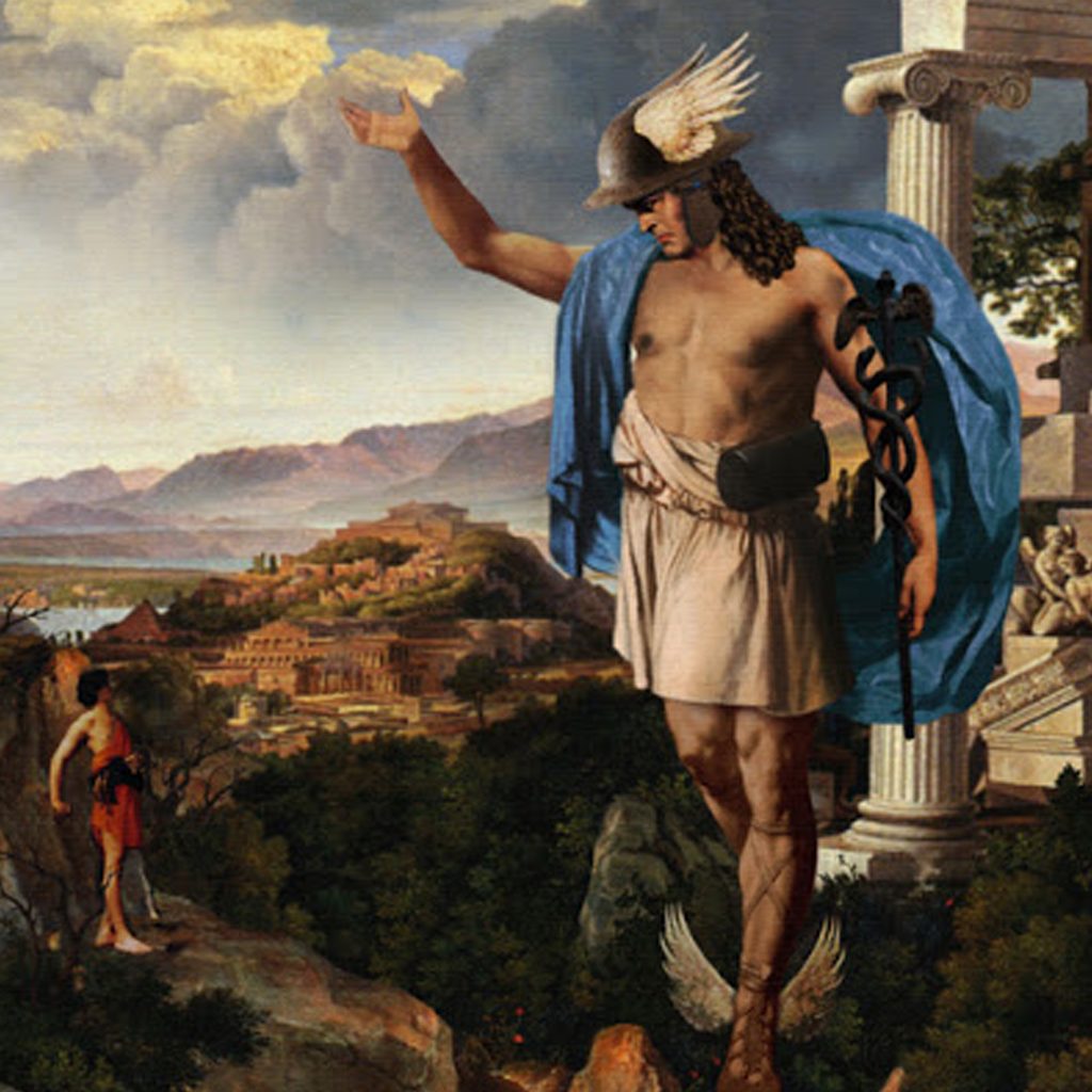 painting of god hermes with satchel wallet