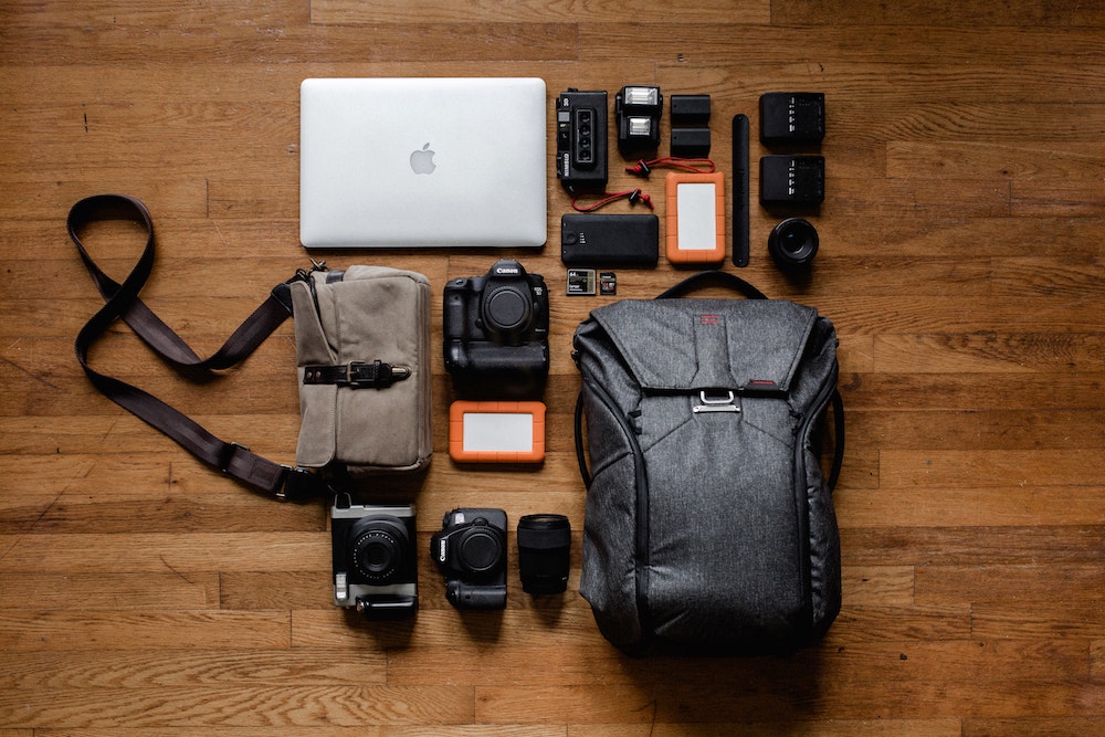Gadgets and a bag on the table