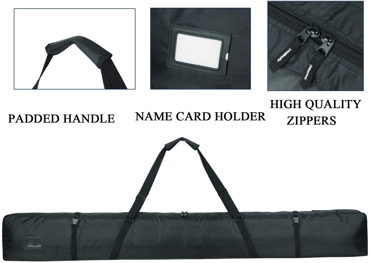 Ski bag hardware close-ups showing padded carry handle, PVC name card holder and heavy-duty coil zippers