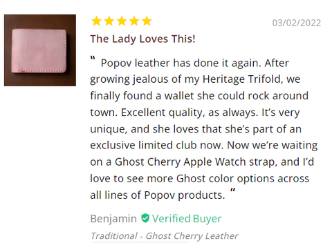 Review saying that a man's wife loves her new ghost leather wallet