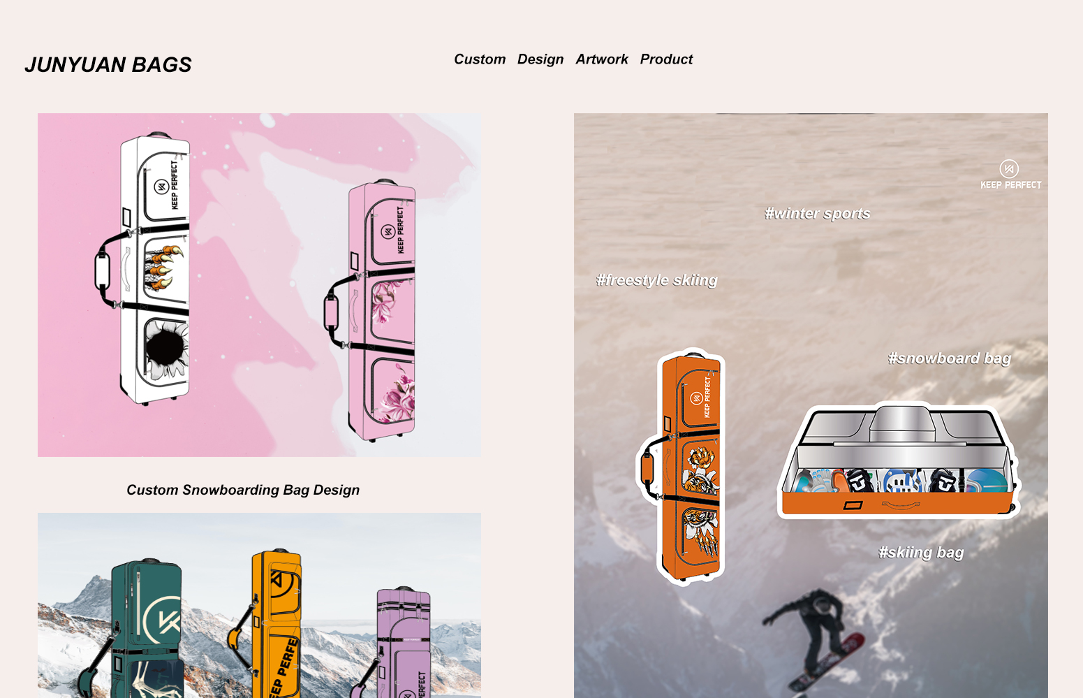 Custom ski backpack manufactured by Junyuan Bags showing premium construction and ski carry system