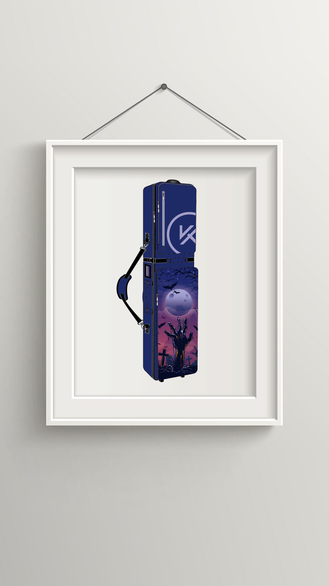 Blue wheeled ski travel bag with graphic print and shoulder strap