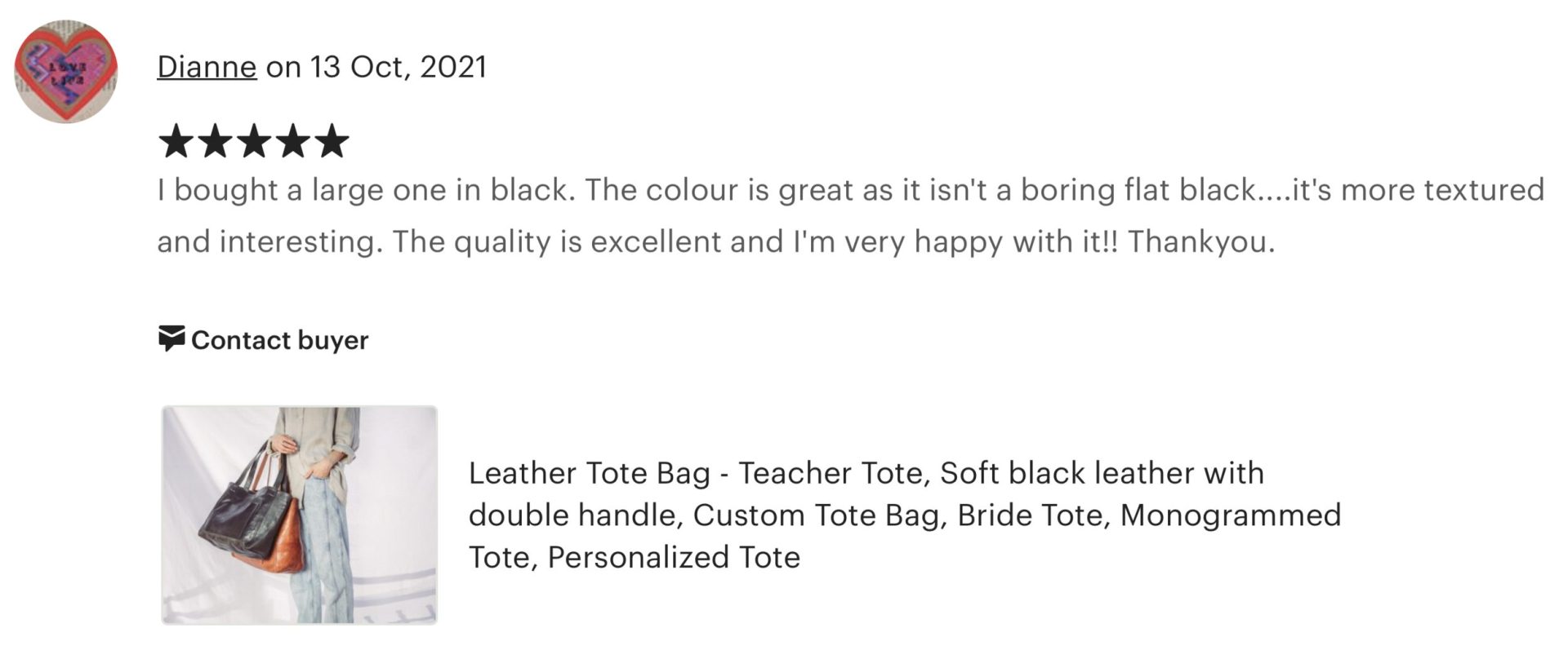 Junyuan leather co etsy five star review for handmade leather tote bag.png