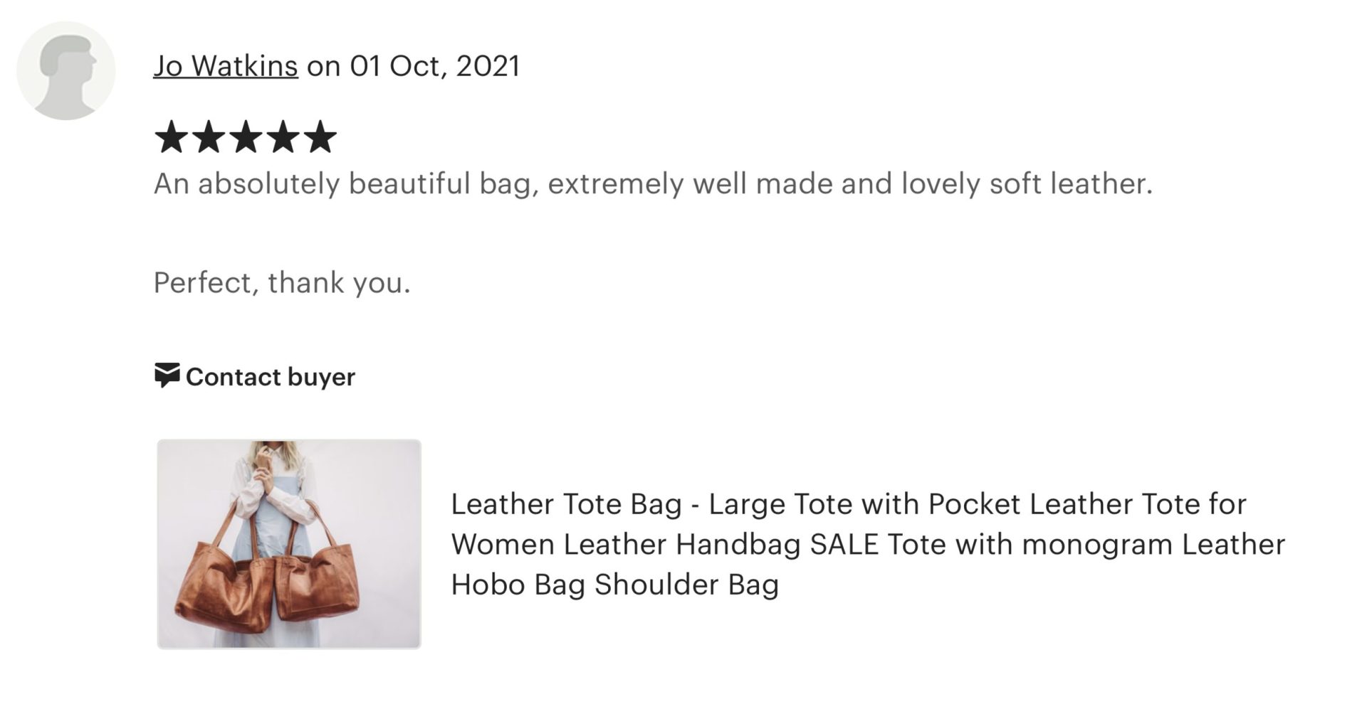 Junyuan leather co etsy review about soft leather tote bag five stars.png