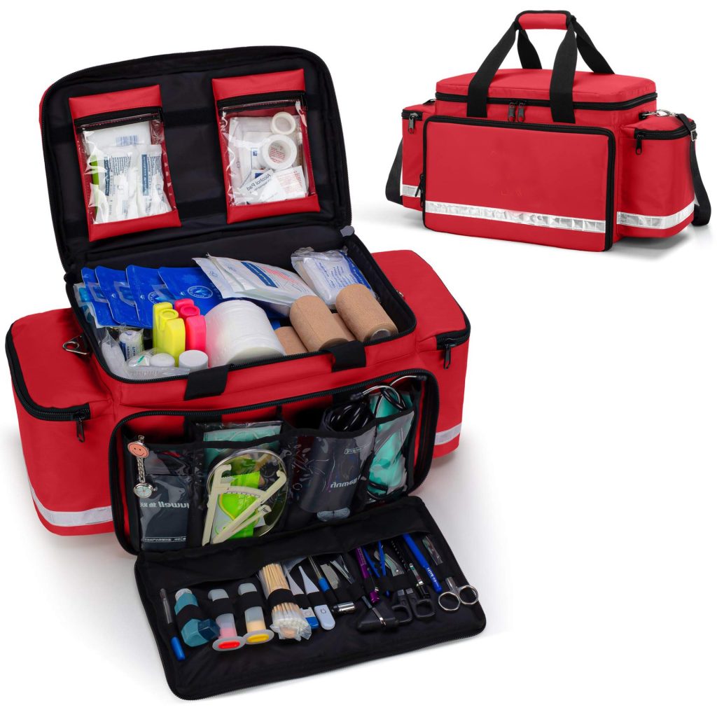 EMS responder trauma bag stocked with first aid and trauma supplies
