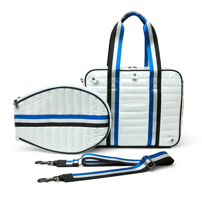 Quilted tennis bag construction showing padded compartments for racket protection