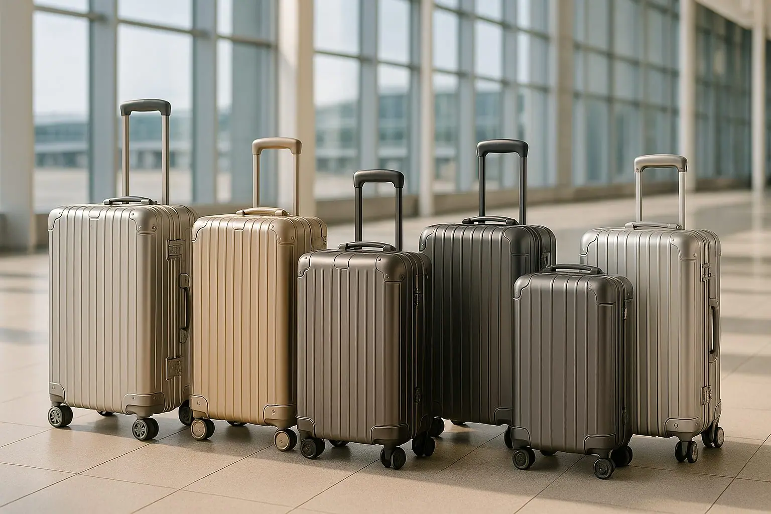 Premium grooved hard-shell luggage cases in a row, the aluminum carry-on look that made Rimowa famous and that buyers weigh against polycarbonate Away cases