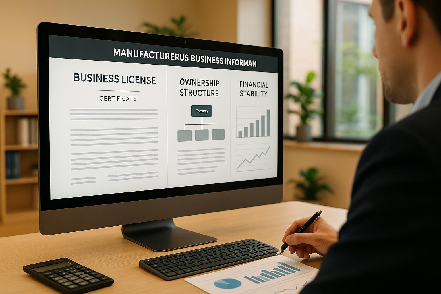 How do B2B companies typically verify a manufacturer's business licenses, ownership structure, and financial stability during the initial vetting process to mitigate fraud risks?