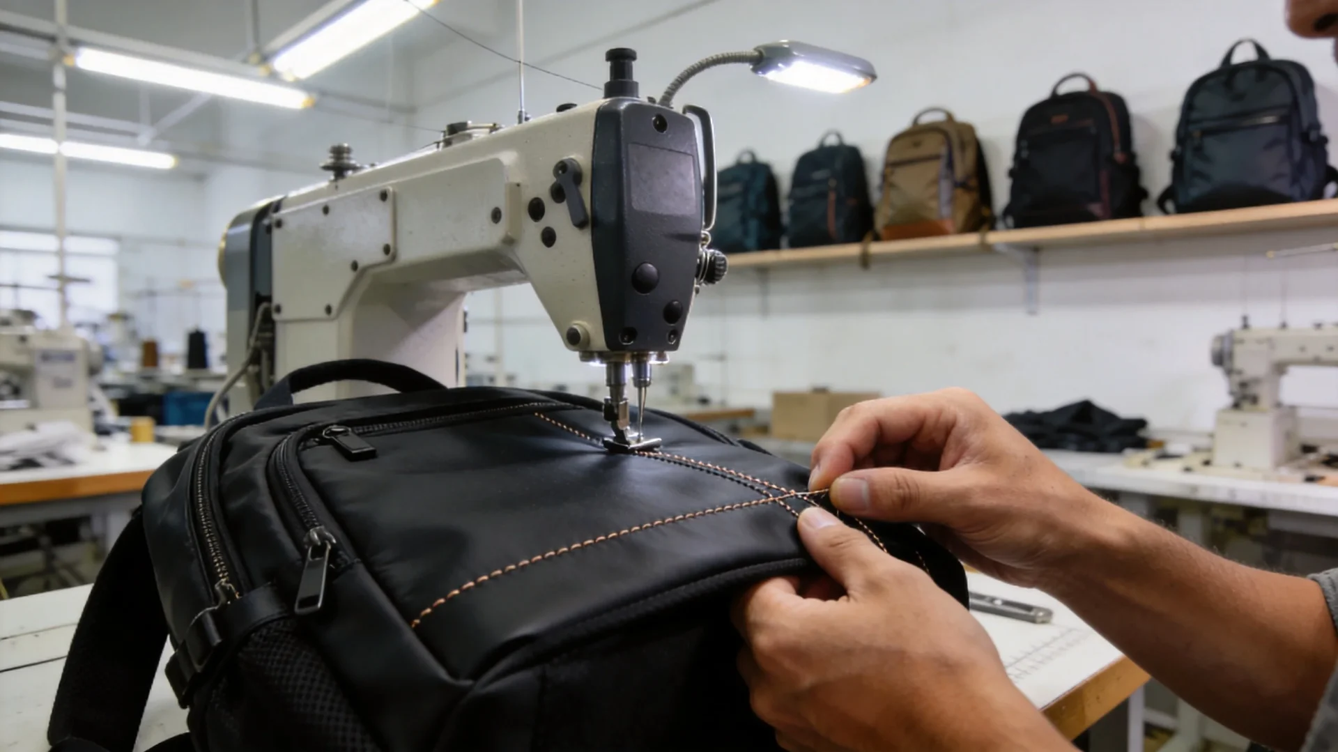 Custom Tech Commuter Backpack Manufacturing Professional bag manufacturing facility with craftsman stitching a premium tech backpack