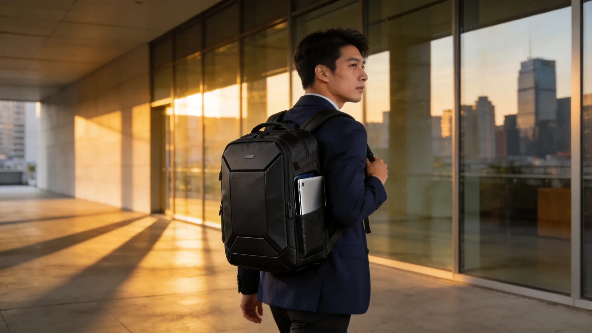 Best Aer Backpack Alternatives for Tech Commuters 2026 Tech commuter walking through modern city corridor carrying a sleek modular backpack