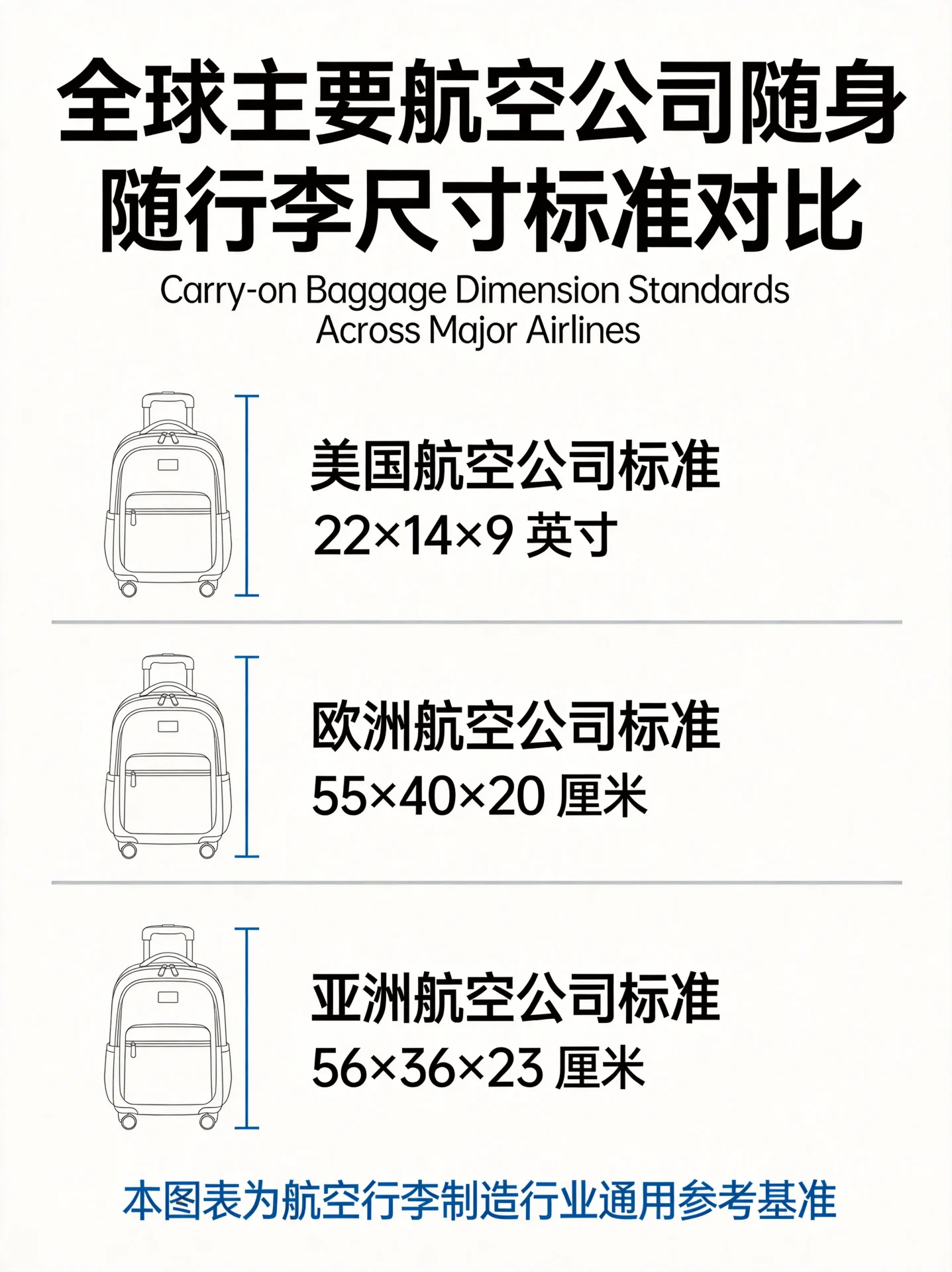 Airline carry-on dimension standards comparison chart - US European Asian airlines