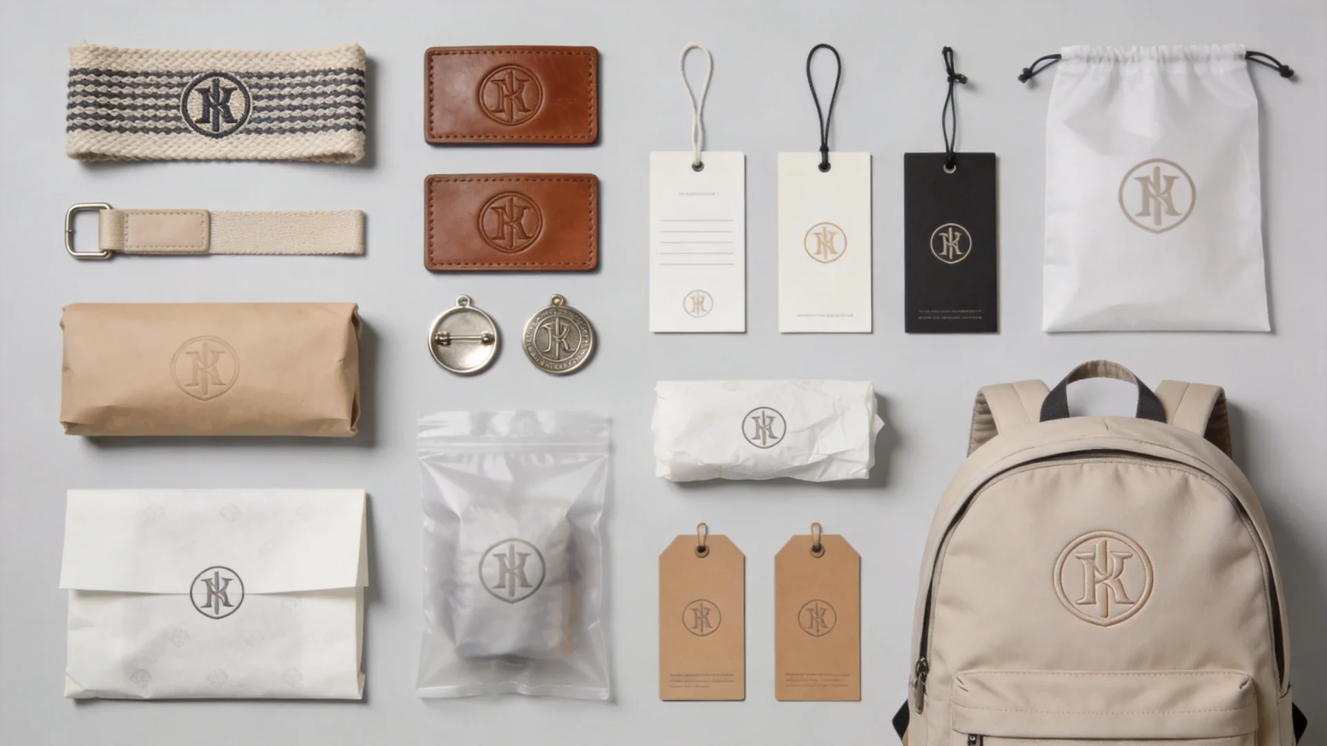 Complete backpack branding kit including custom labels, tags, and packaging elements