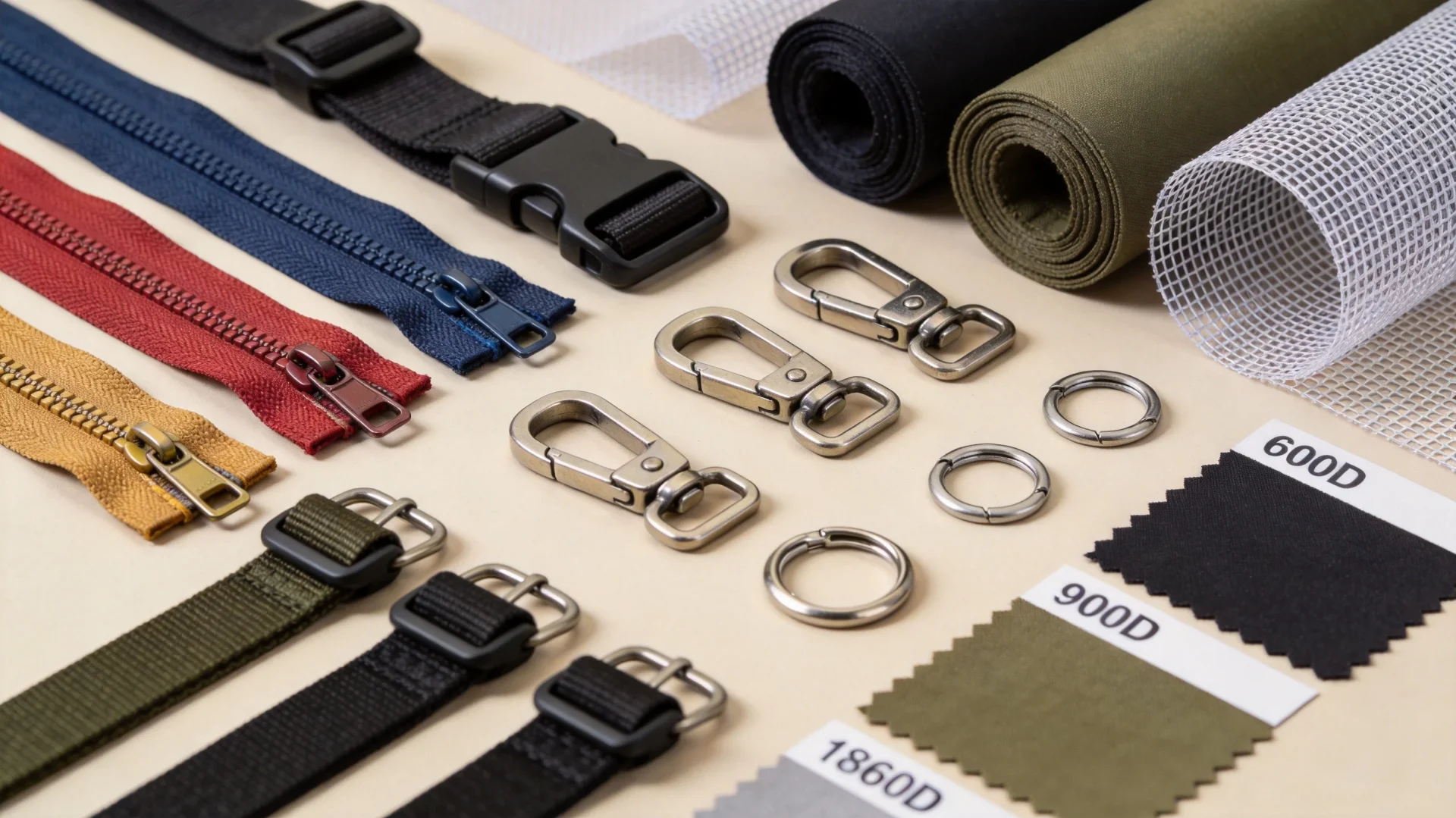 Premium backpack materials including YKK zippers, fabric swatches, and hardware components